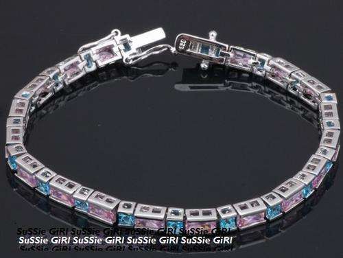 Enchanting Pink & Aquamarine Blue Topaz Crystals Set in 925 Sterling Silver Filled Tennis Bracelet