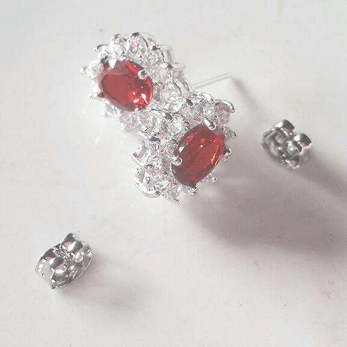 Shimmering Natural Red Garnet & CZ set in Platinum Rolled Gold Earrings