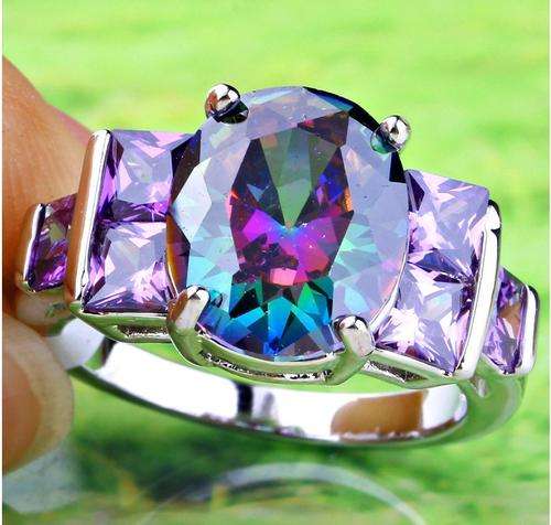 Fantastic  Natural Mystic Topaz & Amethyst  Set in 925 Sterling Silver Filled Ring #Size 7