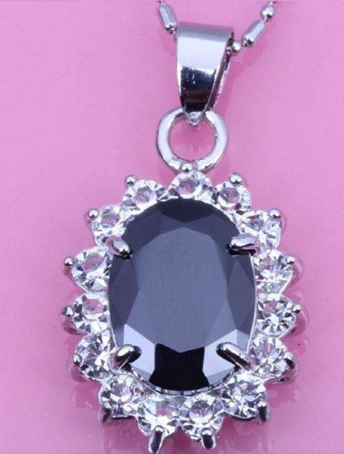 **Exquisite** Cr. Black Oval  Checkerboard Onyx & White Diamond Crystal Pendant with Matching Chain