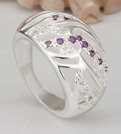**Spectacular ** Purple Amethyst & White Diamond Crystal in Cocktail Silver Ring # Size 8