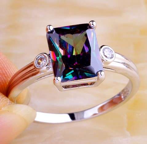 ** Stylish ** Square Cut Rainbow Topaz 925 Marking Ring #Size 8
