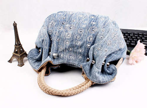 One of a Kind Blue Denim and Tan Pu Leather Imported Handbag