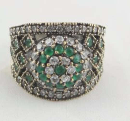 Emeralds and White Diamond Crystals Set in Genuine 925 Sterling Silver Ring-- Size 8 --