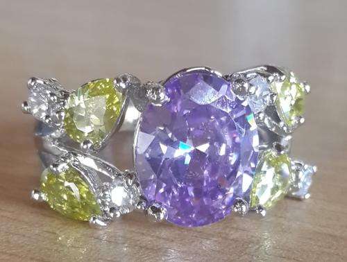 Glamorous-Size 8- Memorial Diamonds, Yellow Sapphire & Amethyst in 925 Sterling Silver Ring