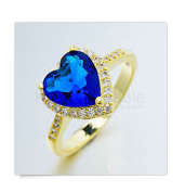 -- Size 7 -- Heart Shape Cr. Blue Sapphire Surround by White Diamond Impressions in 18ct Rolled Gold