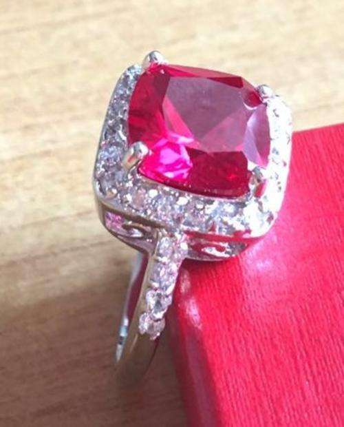 Simulated Pinkish Magenta Sapphire  Set in 925 Sterling Silver(Size 8)Filled Ring
