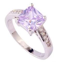 Brilliant Square Cut Simulated  Amethyst & White Diamond  Gemstone Ring (Size 8)