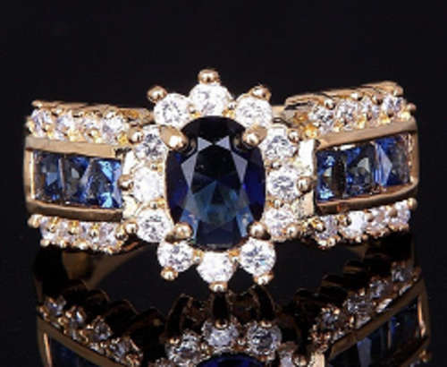 Ladies 18k Yellow Rolled Gold Princess-Cut Pave Simulated Diamond & Sapphire Ring (Size 7 )