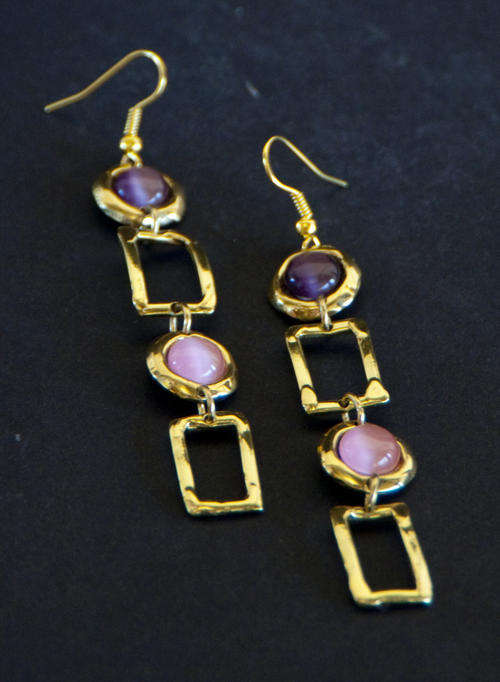 LIGHT PINK & PURPLE CAT'S EYE GEMSTONE EARRINGS