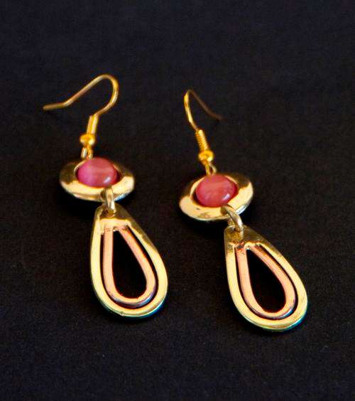 ONE OF A KIND BRASS EARRINGS: PINK CAT'S EYE GEMSTONES