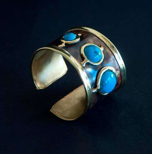 STUNNING BRASS CUFF BANGLE: BOLD TURQUOISE GEMSTONES