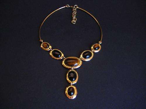 STUNNING BRASS NECKLACE: OVAL LINKS WITH TIGERS EYE & ONYX STONES
