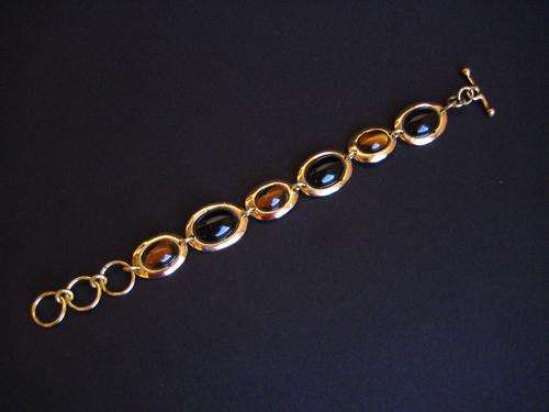 BEAUTIFUL BRASS LINK BRACELET WITH TIGERS EYE & ONYX GEMSTONES