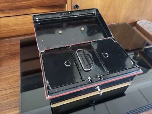 Vintage English tin cash box with key