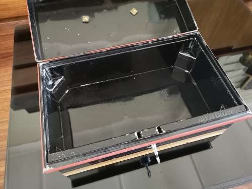 Vintage English tin cash box with key