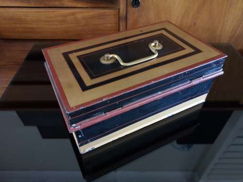 Vintage English tin cash box with key