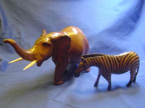 Wooden Africa Elephant and Zebra. Bone teeth not ivory.