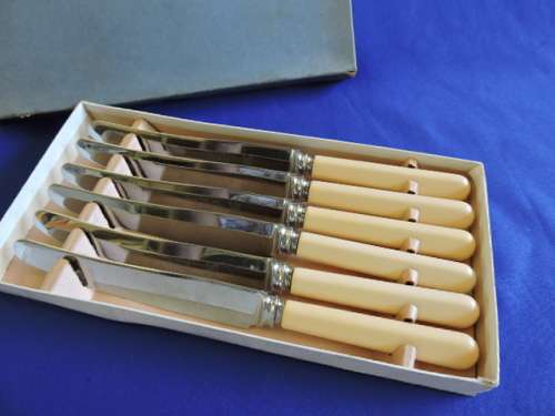 Vintage Bone Handle Set 6 Dinner Knives Boxed