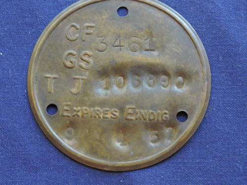 Vintage metal License Disk TJ 106890  1957  Like number Plate    D50