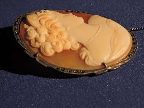 Vintage Silver 800 Shell Cameo Brooch set with marcasite frame and safety chain Jewellery Item