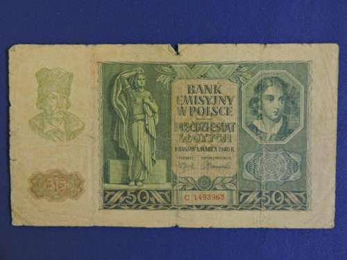 POLISH Bank Note 1940 Poland 50 Zlotych (Visable watermark)