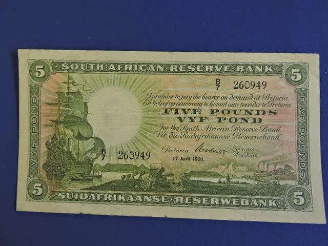 South African Reserve Bank 5 Pound Bank note   WH Clegg 1931  RARE Note