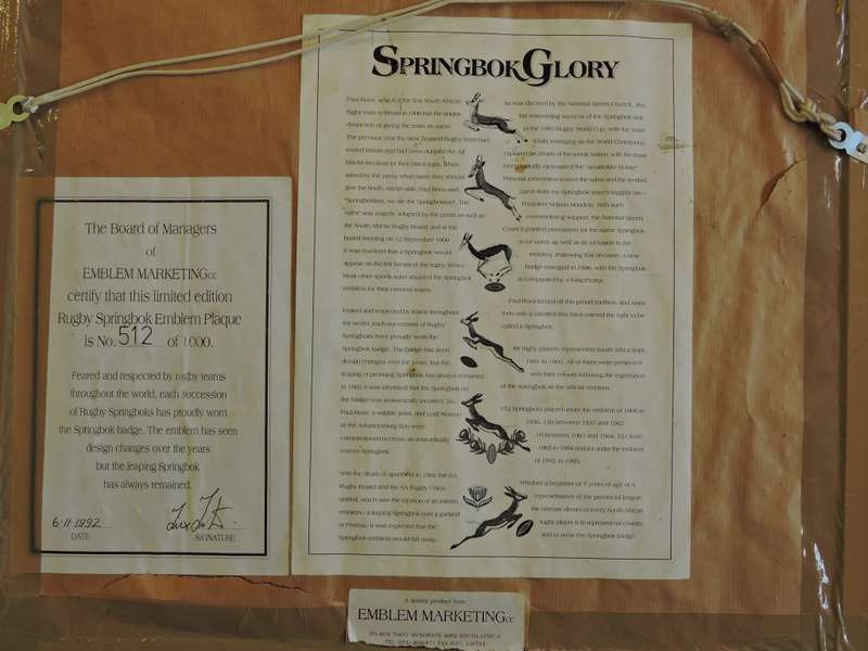 Rugby Springbok Emblem Embroidery Framed 1906 - 1995  Limited 512/1000