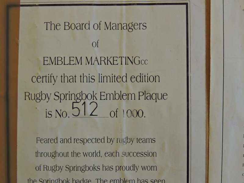 Rugby Springbok Emblem Embroidery Framed 1906 - 1995  Limited 512/1000