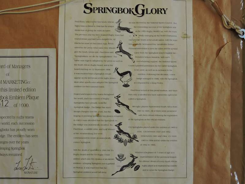 Rugby Springbok Emblem Embroidery Framed 1906 - 1995  Limited 512/1000