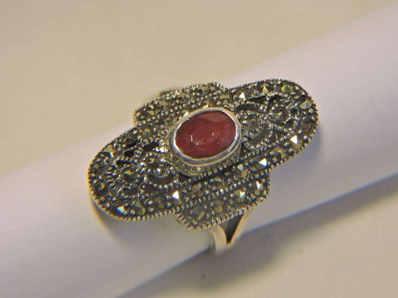 Sterling Silver Ruby & Marquisate (red stone) ring.
