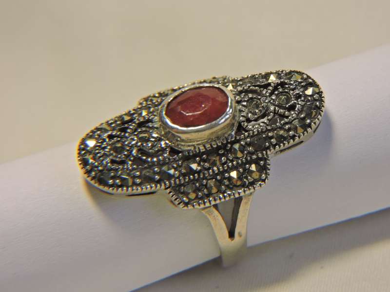 Sterling Silver Ruby & Marquisate (red stone) ring.
