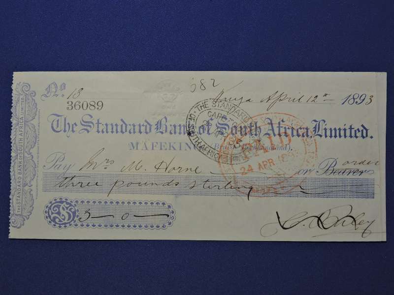 Bank Cheque 1893 MAFEKING (British Bechuanaland) Pre Boer War with Cape of Good Hope Stamp