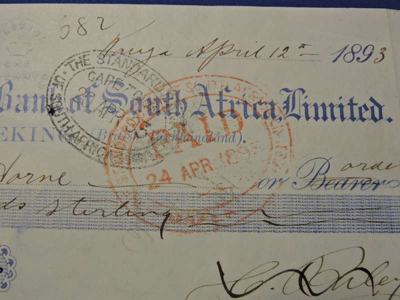 Bank Cheque 1893 MAFEKING (British Bechuanaland) Pre Boer War with Cape of Good Hope Stamp