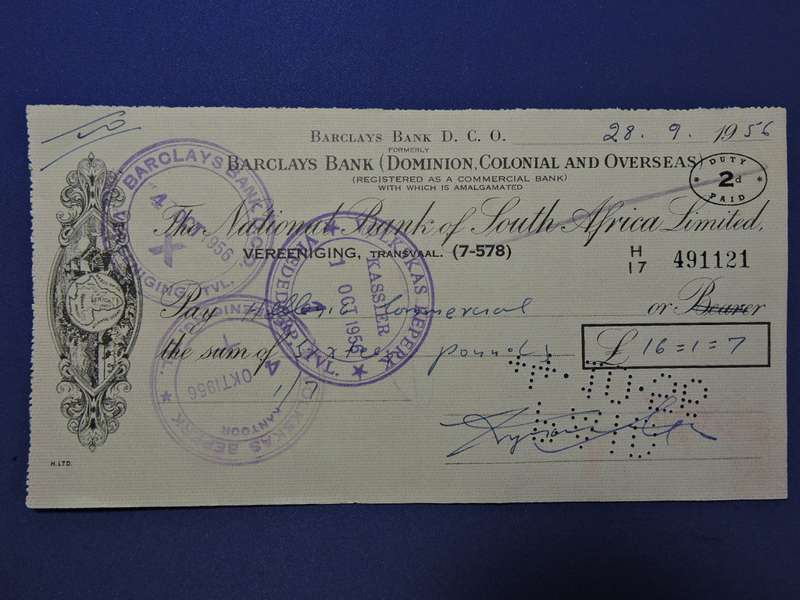 Bank Cheque x 2  1956 National Bank of SA and Barclays Bank D.O.C London.