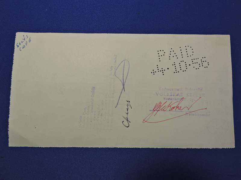 Bank Cheque x 2  1956 National Bank of SA and Barclays Bank D.O.C London.