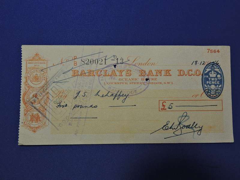 Bank Cheque x 2  1956 National Bank of SA and Barclays Bank D.O.C London.