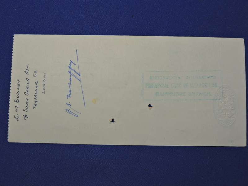 Bank Cheque x 2  1956 National Bank of SA and Barclays Bank D.O.C London.