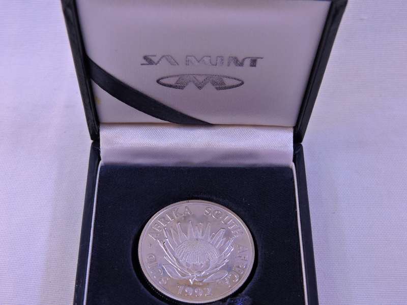 Proof 1992 Protea R1 Silver Coin  Soli Deo Gloria  Low mintage coin in SA Mint blue box