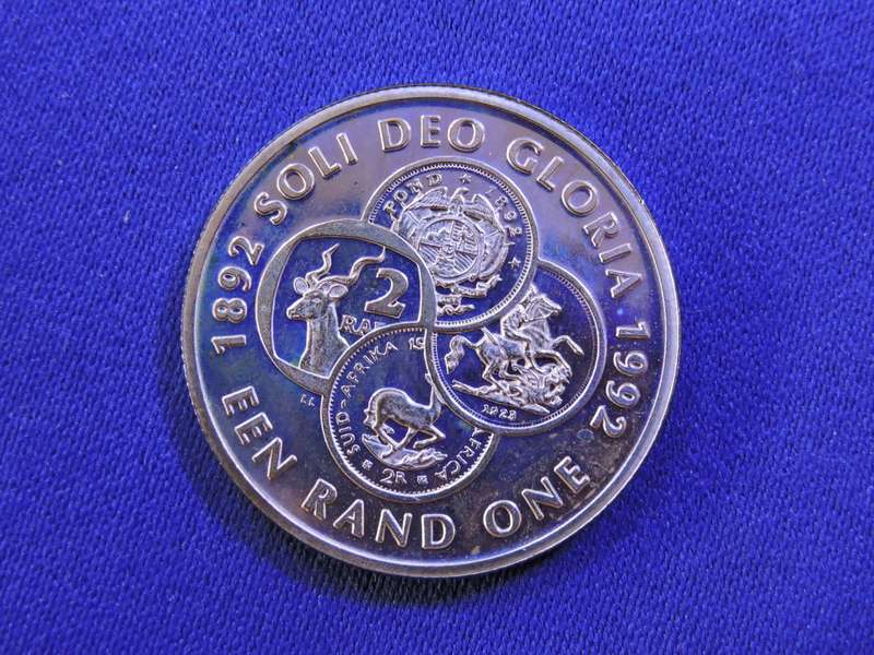 Proof 1992 Protea R1 Silver Coin  Soli Deo Gloria  Low mintage coin in SA Mint blue box