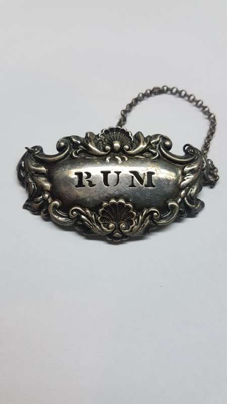 Silverplate decanter label RUM