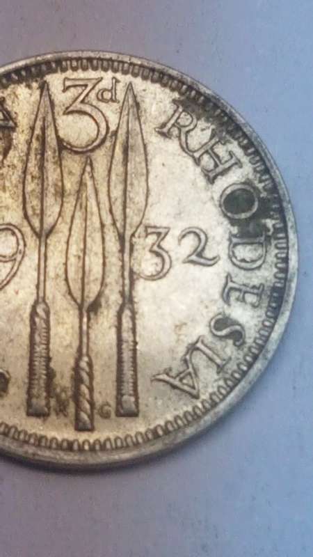 1932 Southern Rhodesia 3d tickey silver coin
