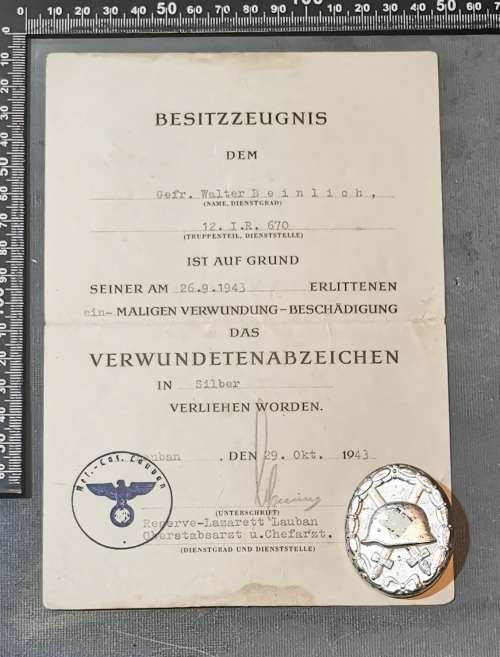 GERMAN WOUND BADGE IN SILVER WITH CERTIFICATE