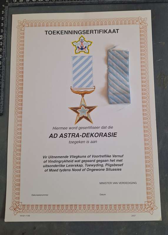 SAAF Ad Astra Decoration Unissued Certificate & Ribbon