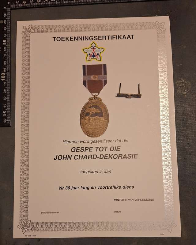 John Chard Decoration Certificate for 30 Year Service Bar & Silver Bar