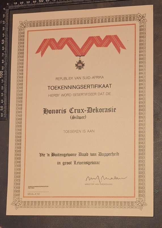 SADF Honoris Crux Decoration Silver Unissued Certificate