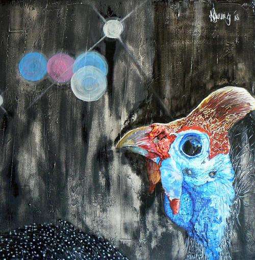 SALE!!!SA Artist-N Downing-Original Oil & Multimedia on Board-Quinea fowl