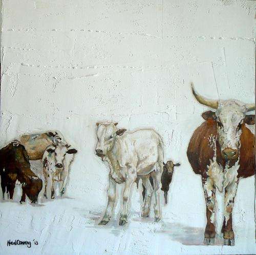20% Festive Season Discount!!!SA Artist-NDowning-Original Oil On Multimedia on Board-Nguni Cattle