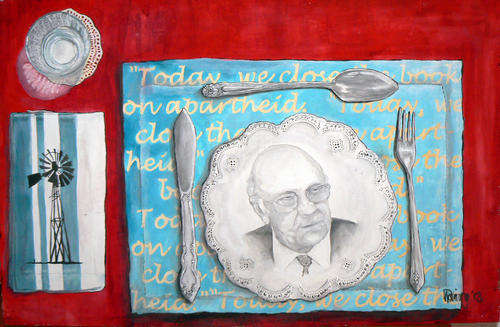 SA Artist-N Downing-Original Oil On Crackfiller and board -Dinner with De Klerk