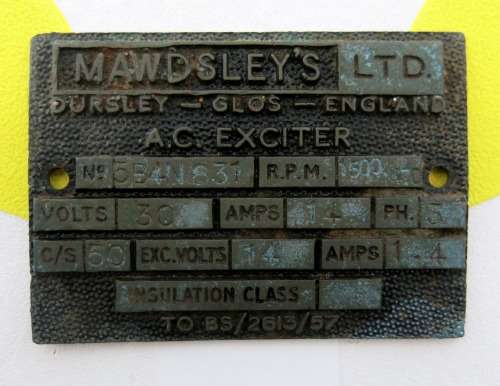 MAWDSLEY'S LTD DURSLEY - GLOS - ENGLAND A.C. EXCITER MACHINE PLATE